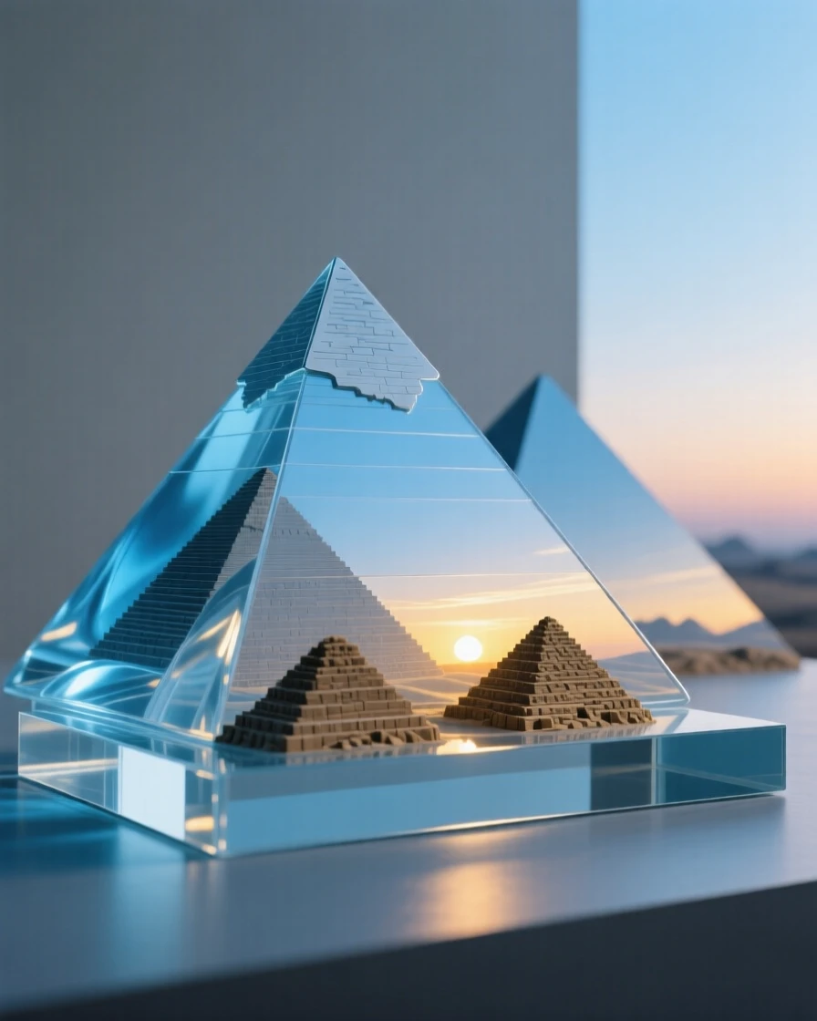 The pyramids of Giza at sunrise at blue hour with soft ambient lighting beginning to glow, reflections shimmering nearby, evoking timeless elegance.