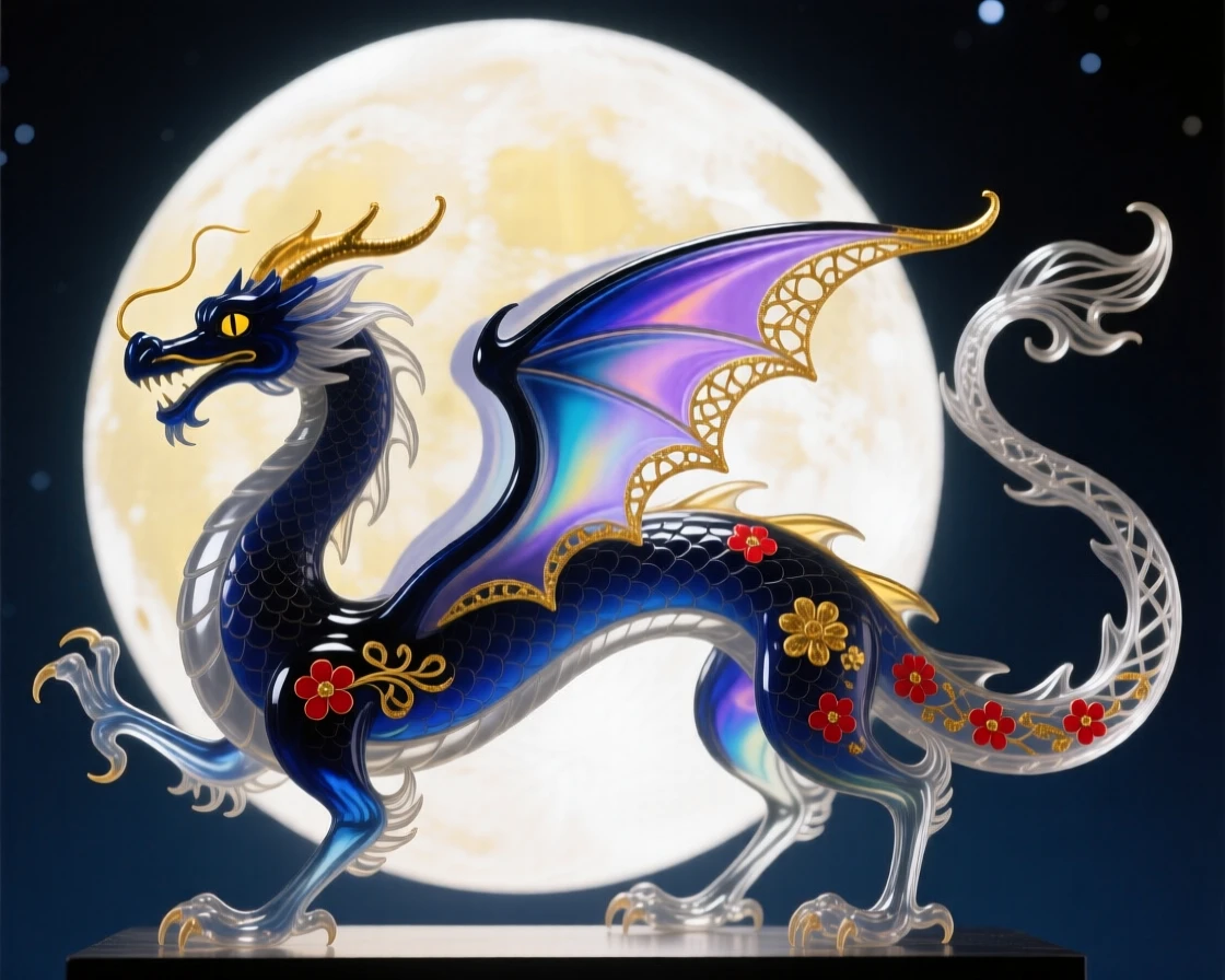 A dragon's silhouette crossing in front of a giant full moon, iconic and dramatic.