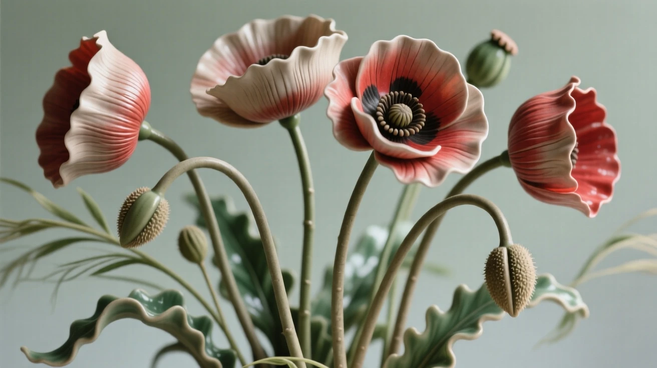A cluster of poppies swaying in a breeze framed by soft surrounding greenery, its stem gently arching under its own weight, conveying the quiet poetry of the natural world.