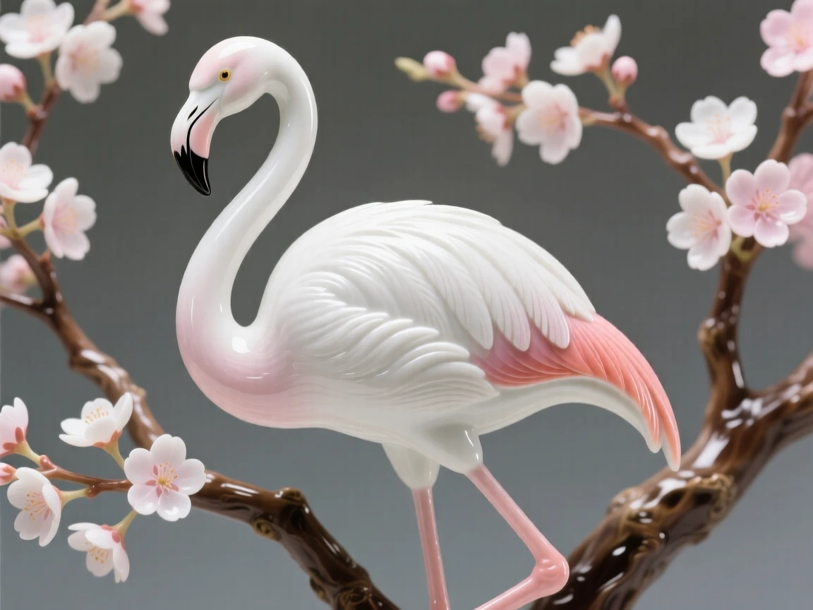 A majestic flamingo in a flowering cherry tree, its tail feathers fanned in full display.