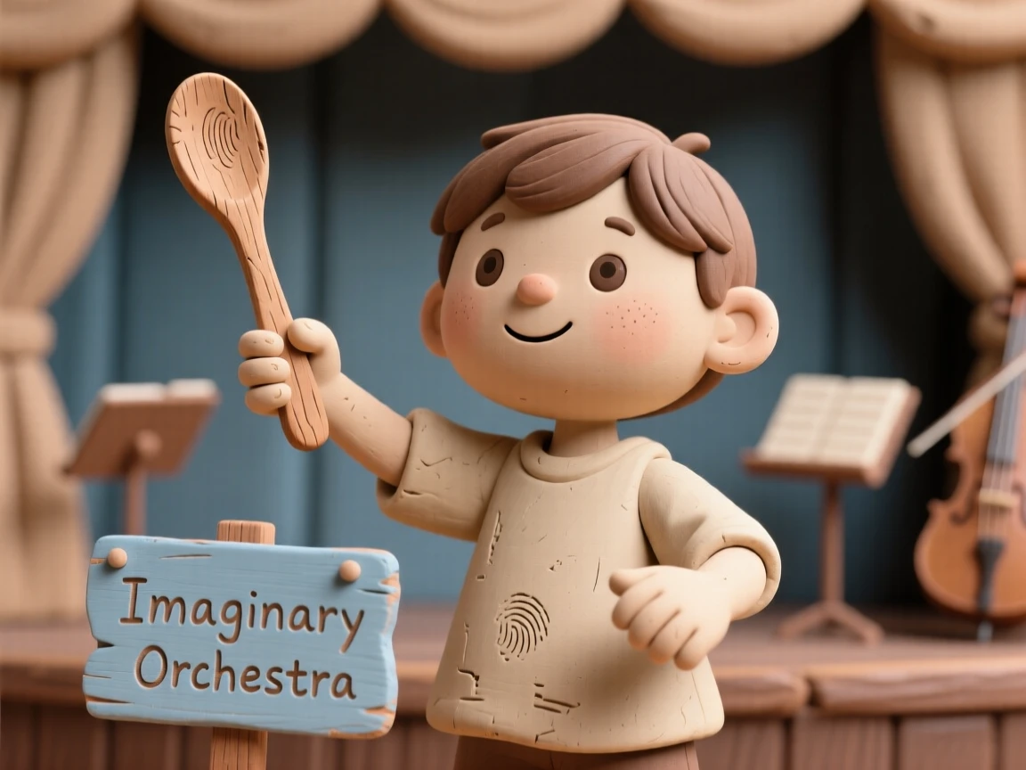 A child conducting an imaginary orchestra with a wooden spoon