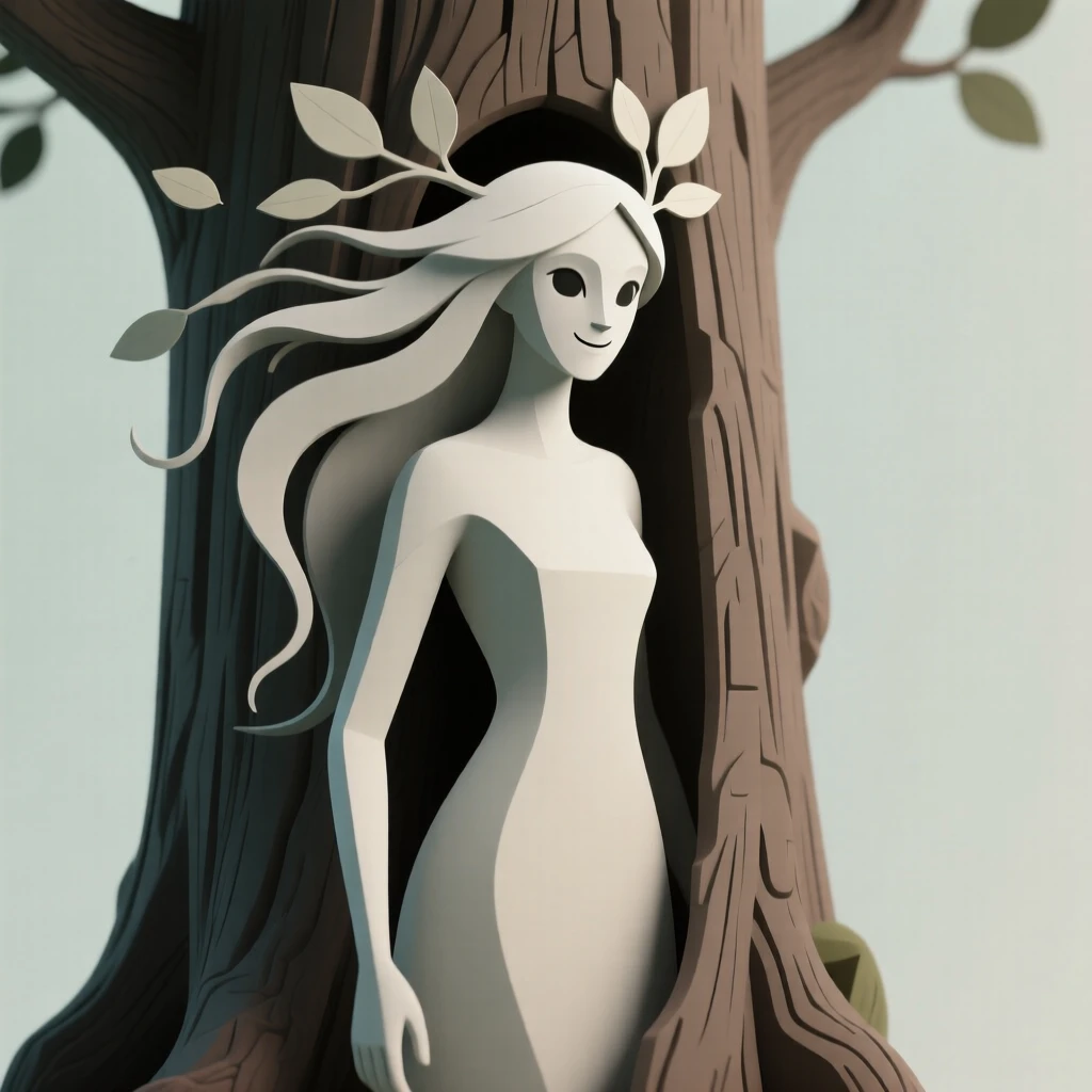 A wise dryad emerges from the bark of an ancient oak, leaves rustling gently in her flowing hair.