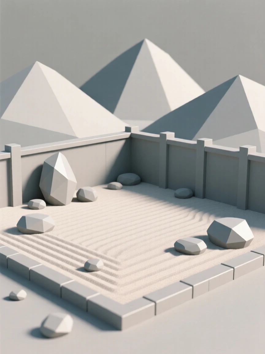 A tranquil Zen garden with raked sand and smooth stones, framed by distant rolling hills. vibrant color accents contrast against neutral stone. The atmosphere is peaceful and inviting.
