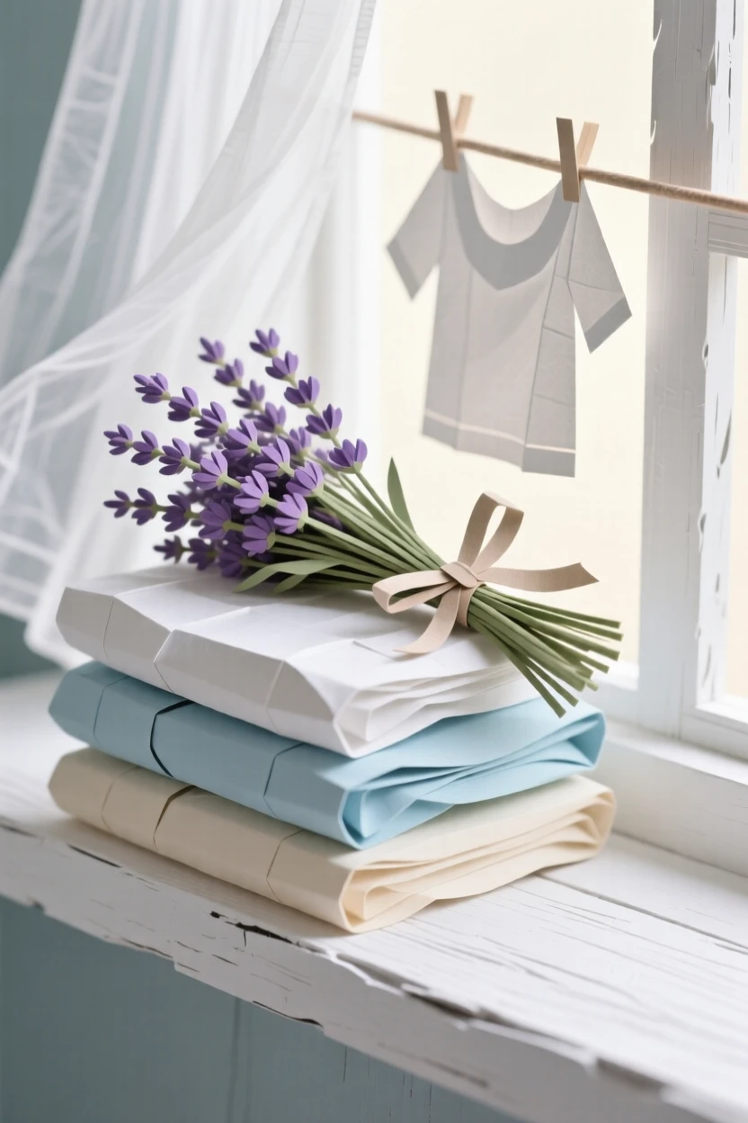 A stack of fresh laundry and dried lavender resting on a sunlit windowsill, sheer curtains fluttering gently, evoking simple domestic comfort.