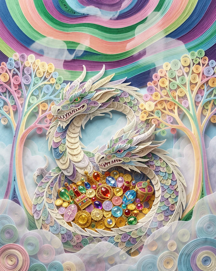 a majestic dragon curled protectively around a treasure hoard, beneath a canopy of glowing luminescent trees, composed with soft ethereal mist drifting through the scene, under a sky painted in shifting aurora colors.
