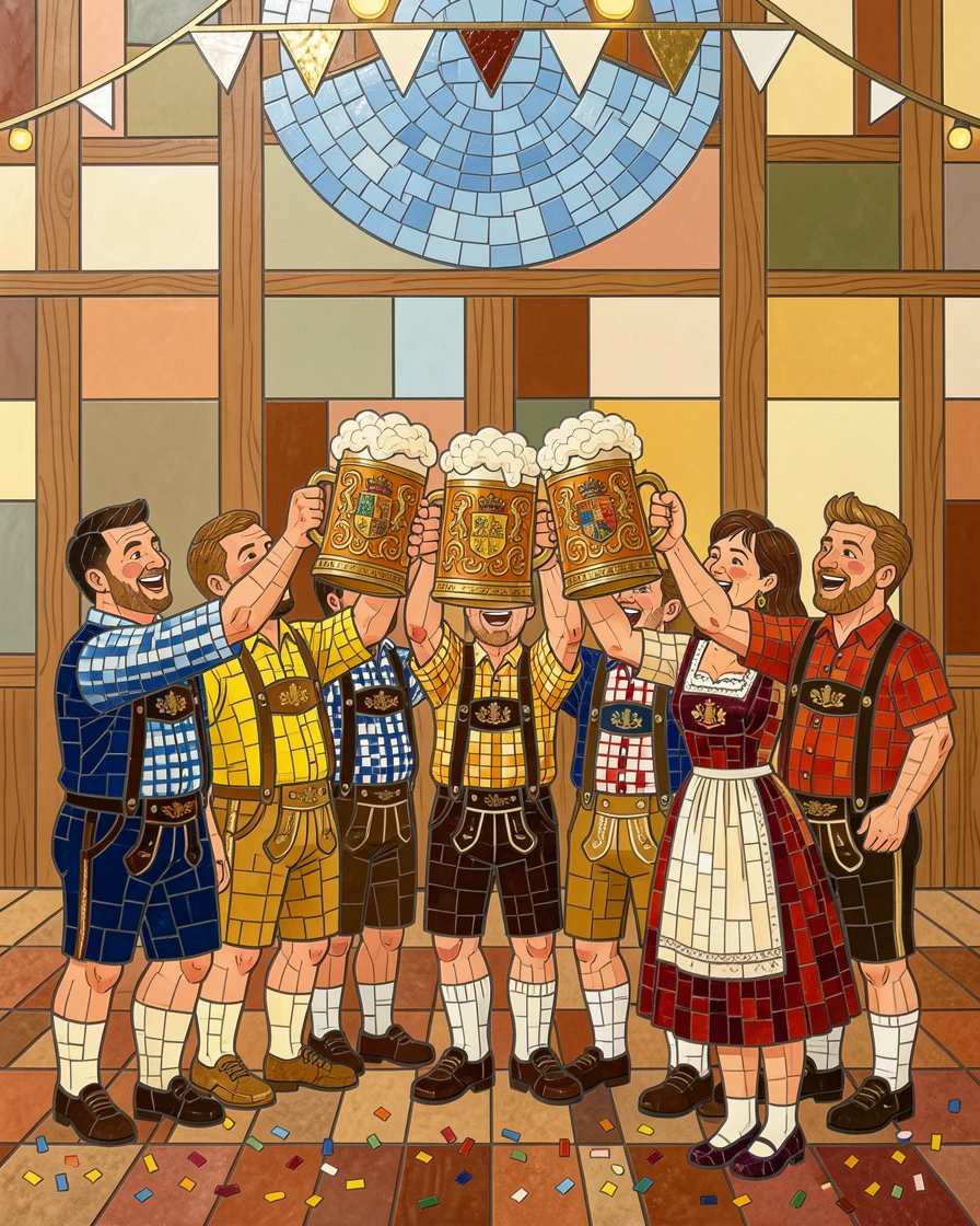 A vibrant, festive scene of a traditional Oktoberfest celebration with steins raised in a festive hall, rich in color and cultural detail.