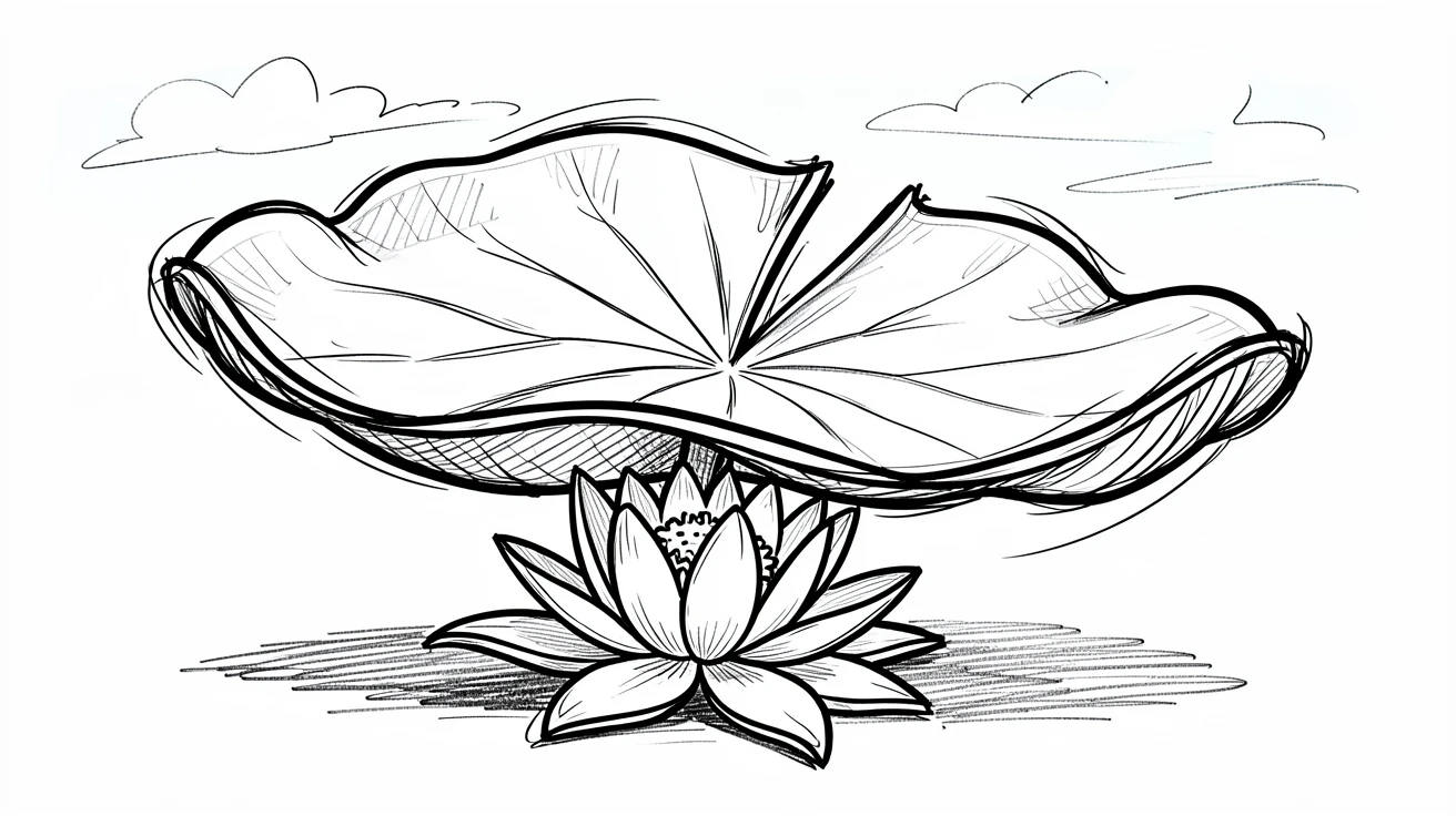 A giant water lily pad with a flower under a clear morning sky.