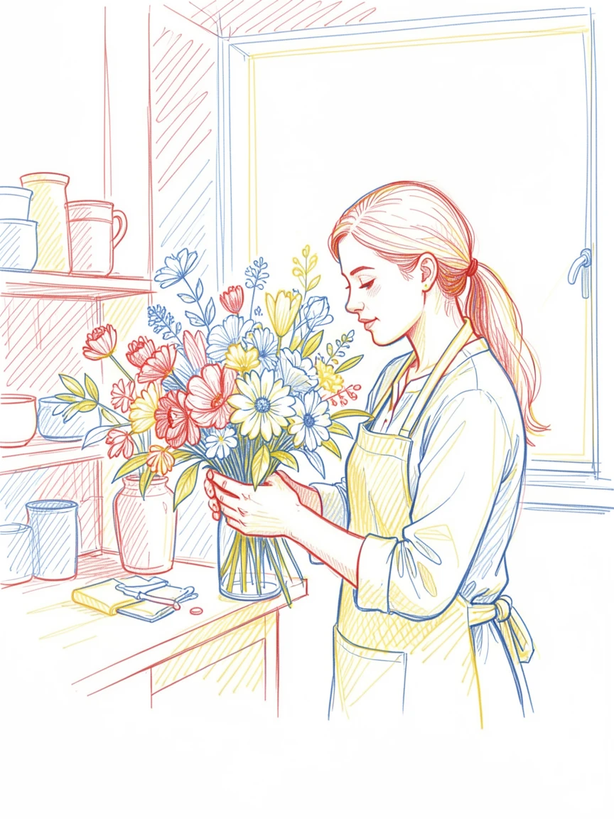A florist arranging a bouquet of fresh flowers in a small shop