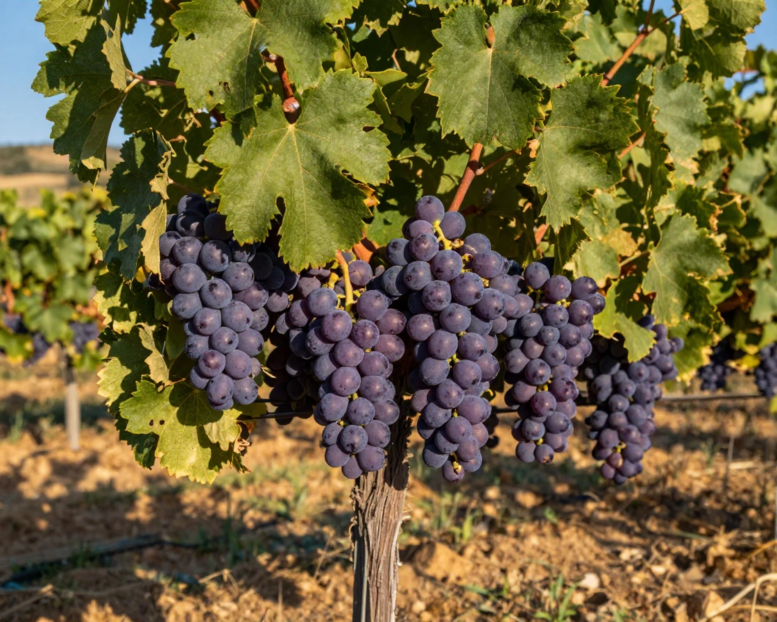 A vineyard row heavy with ripe purple grapes