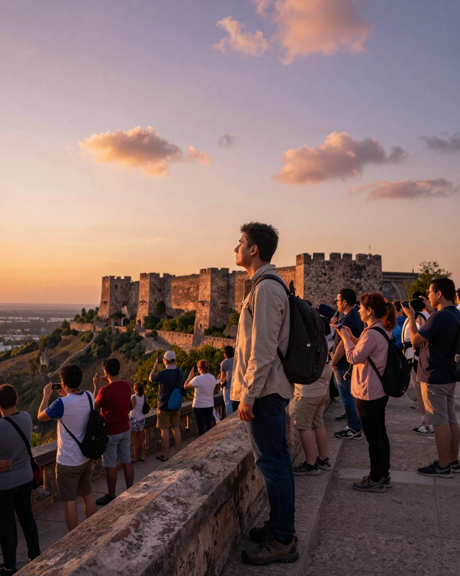 A traveler stands at the edge of a crowded overlook watching the sunset over an ancient citadel.