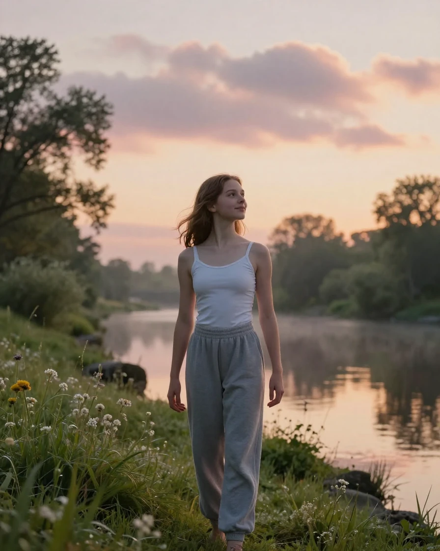 A teenage dancer watching the clouds drift slowly by along a quiet riverbank at sunrise, a gentle smile crossing their face