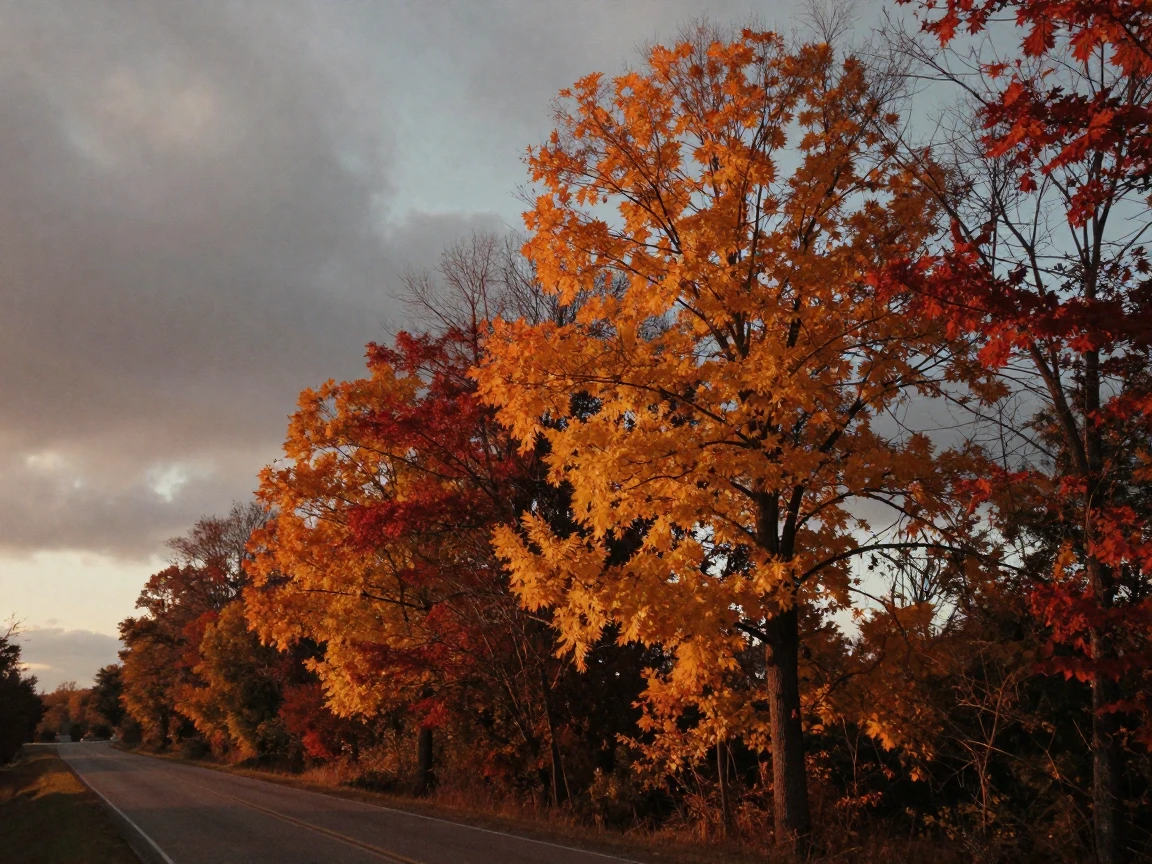A country road lined with trees ablaze in autumn color, in the pale light just before sunrise, under a darkening storm sky, in autumn, in soft muted pastels, captured from a low angle looking up.