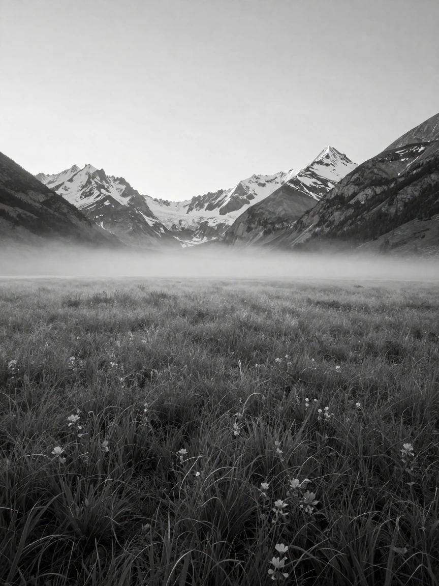 A misty alpine meadow is blanketed in a soft morning mist beneath a ring of snowy peaks.