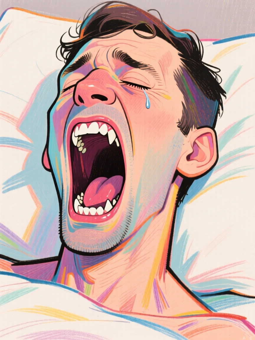 A man caught mid-yawn stretching so wide his jaw looks unhinged.