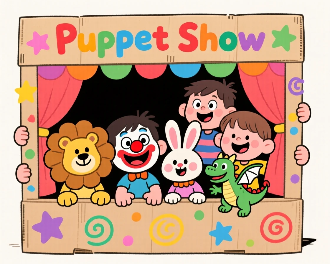 A playful childhood moment of a group of children putting on a puppet show, tiny hands peeking over a cardboard stage.