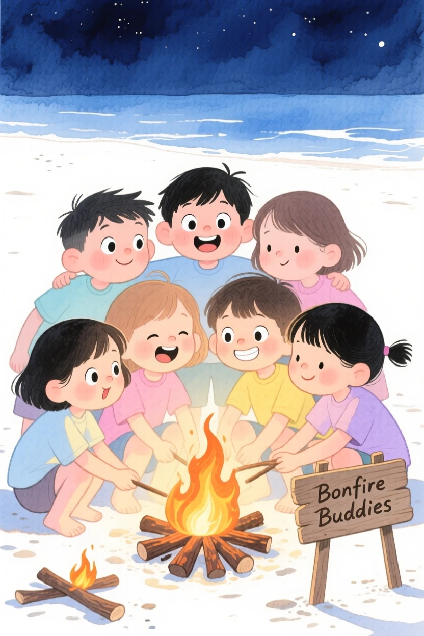 A tight group of childhood friends building a bonfire together on a beach at night