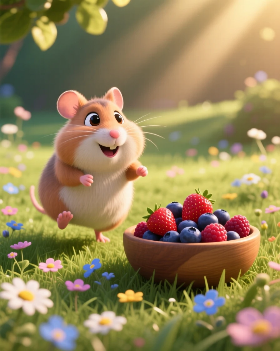 A plump hamster is resting beside a bowl of berries, hopping playfully in place. A quiet, comforting sweetness surrounds the scene, with a scattering of small flowers around it.