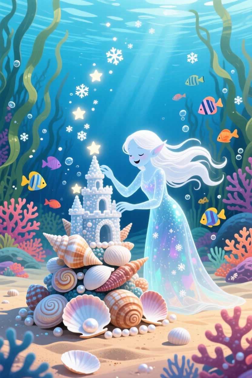 In an underwater kingdom, a snow spirit discovers a moment of wonder while building a castle out of seashells, as tiny stars fall like snow.