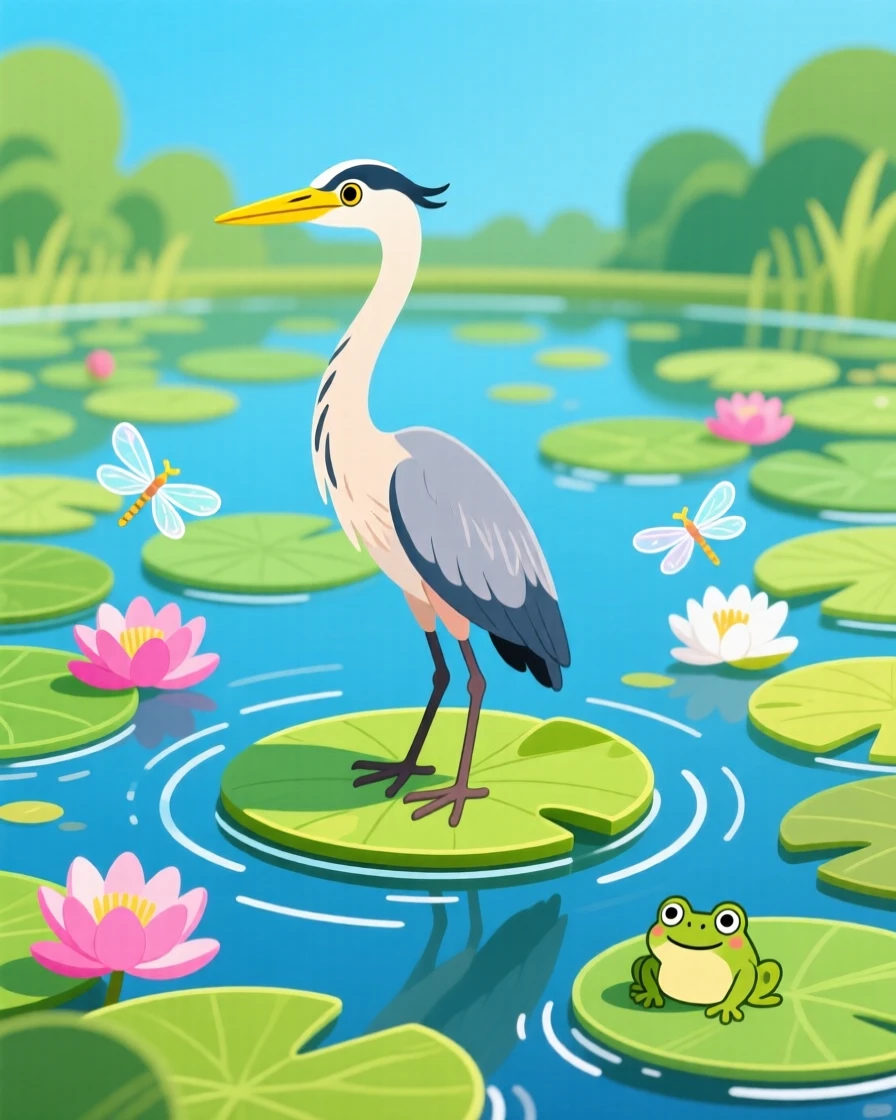 A quiet pond covered in lily pads with a heron standing still.