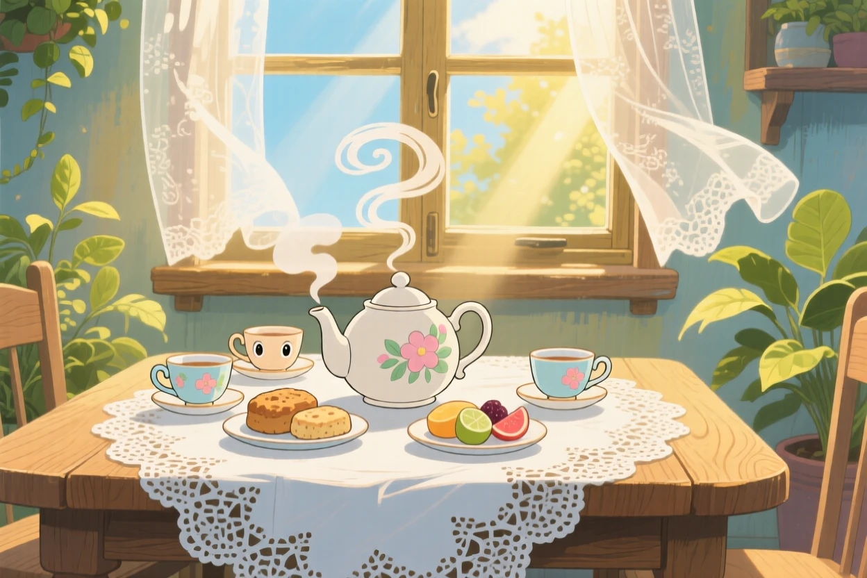 A warm, inviting scene of a tea set arranged on a lace tablecloth in dappled sunlight, as morning light streams through a nearby window.