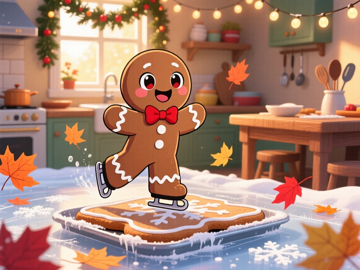 Full-body shot of a tiny gingerbread person, ice-skating across a frosted cookie tray, in a cozy holiday kitchen, with autumn leaves swirling around, illuminated by soft golden-hour sunlight, radiating giggling amusement.