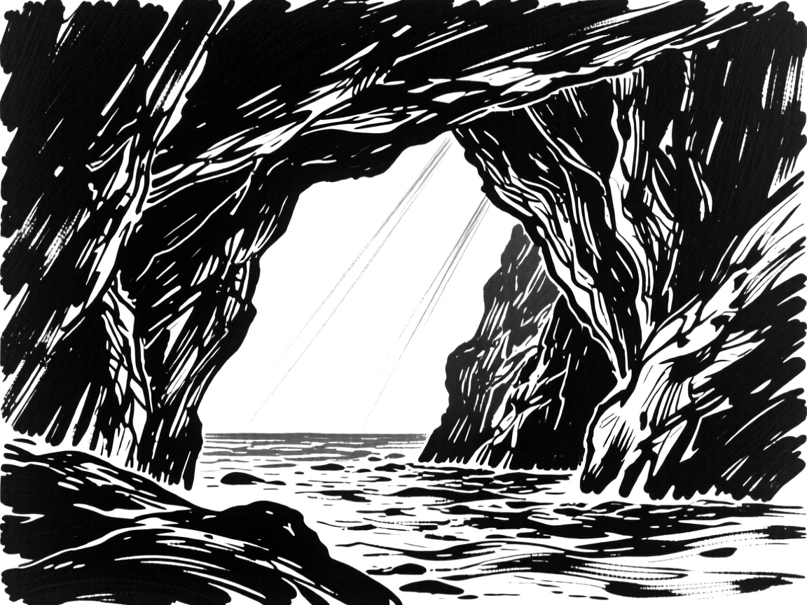 A dramatic sea cave with sunlight streaming through a natural rock arch.