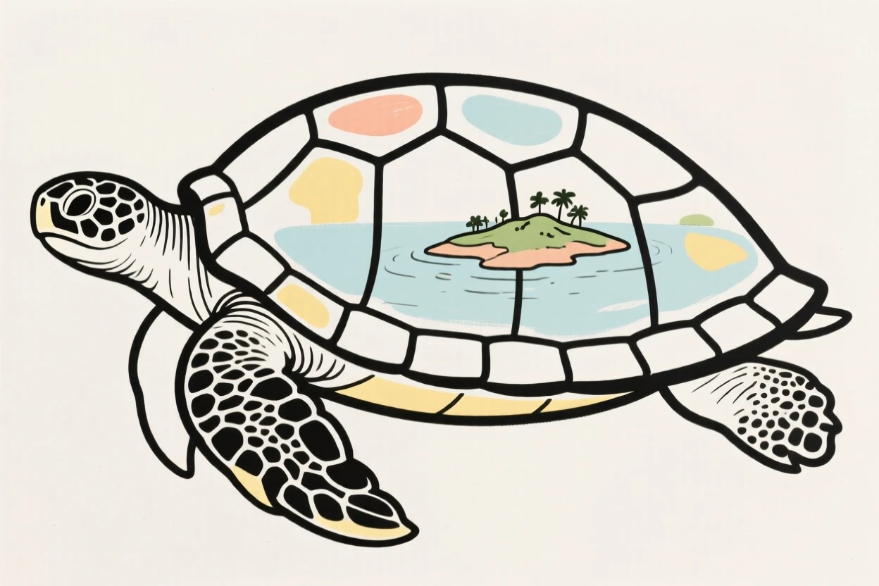 A giant turtle carrying a small floating island on its shell.