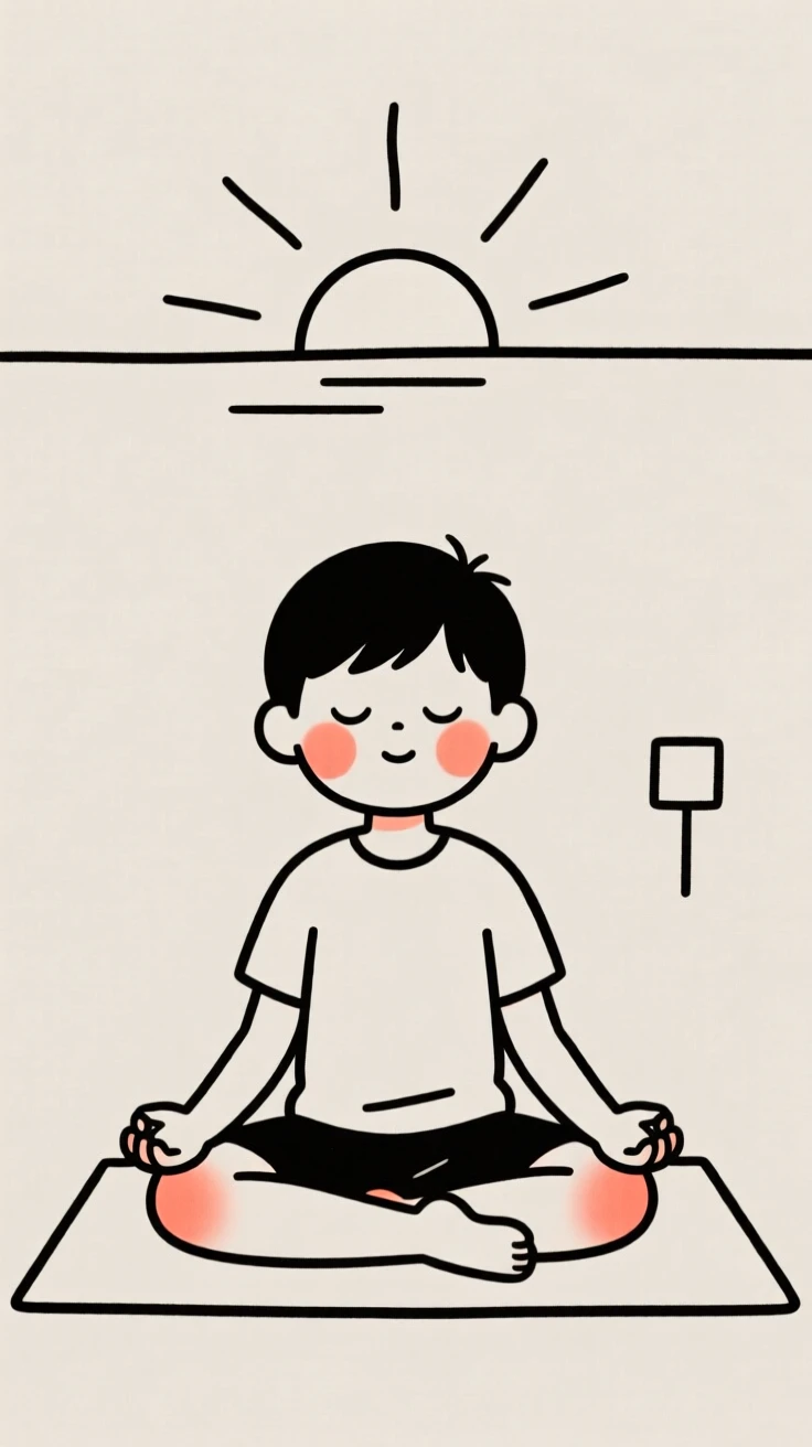 A young boy practicing yoga at sunrise.