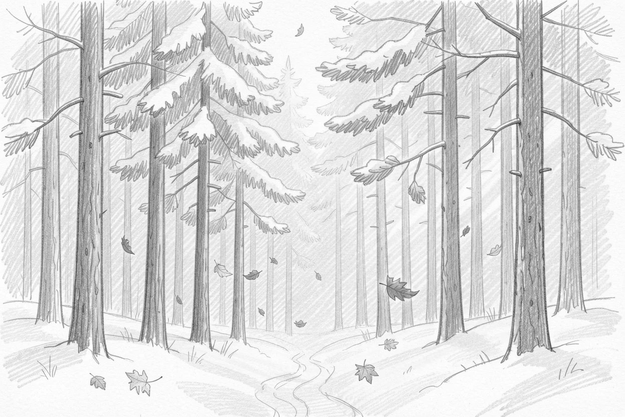 A pine forest after fresh snowfall, lit by streaks of golden afternoon sun, with autumn leaves drifting on the breeze.
