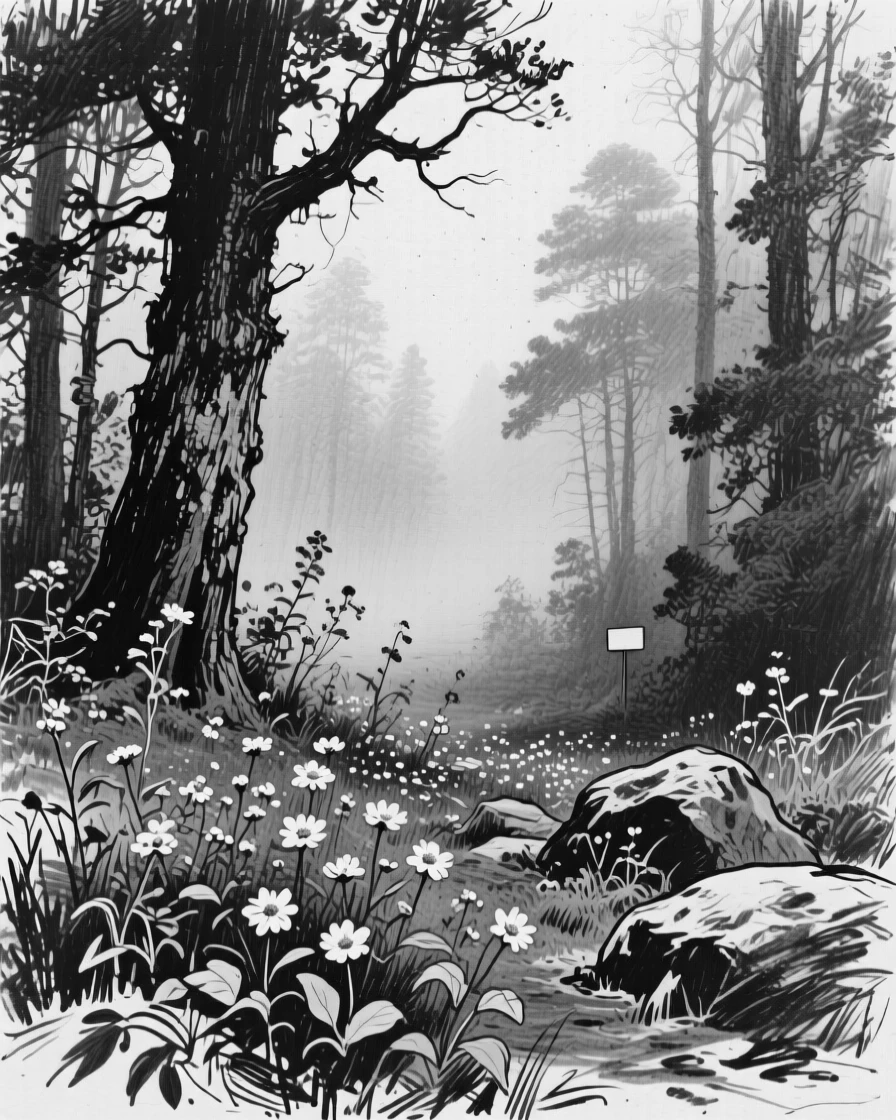 A dense misty forest with wildflowers scattered across the foreground.