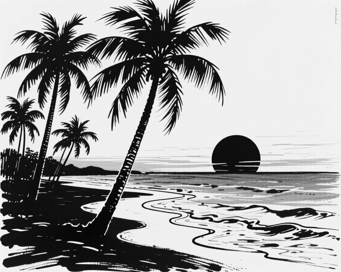 A dramatic sunset silhouette of palm trees along a tropical shoreline.