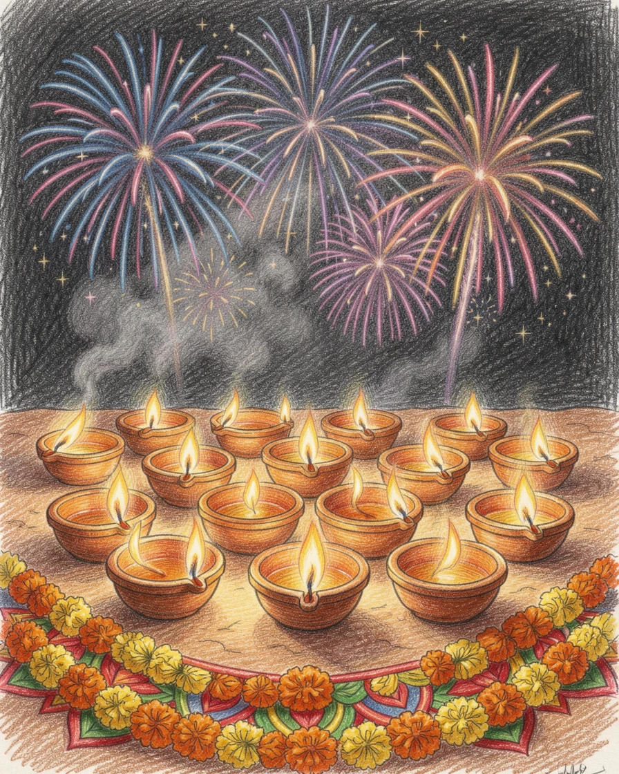 A Diwali celebration with rows of glowing oil lamps and fireworks, surrounded by seasonal decorations in rich, inviting colors, capturing the magic of cherished seasonal traditions.
