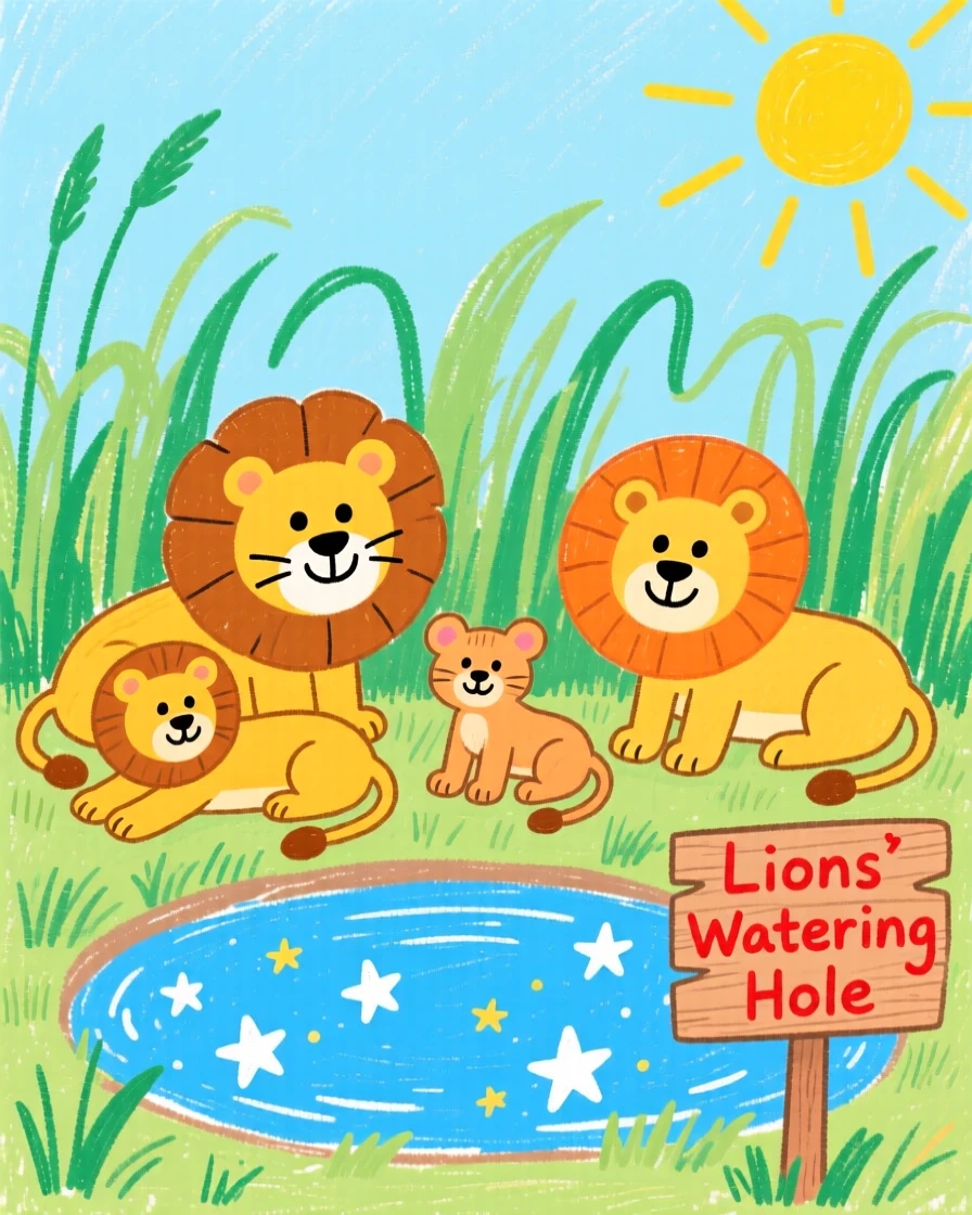 A pride of lions resting in tall grass beside a sparkling watering hole.