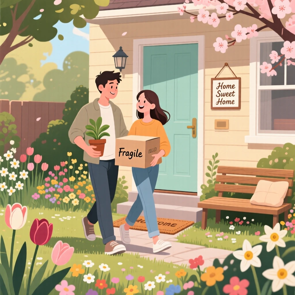 A young couple moving into their first apartment together, in a peaceful garden filled with seasonal flowers, arranged with balanced framing that feels warm and inviting, with a sense of warmth and togetherness in every detail.