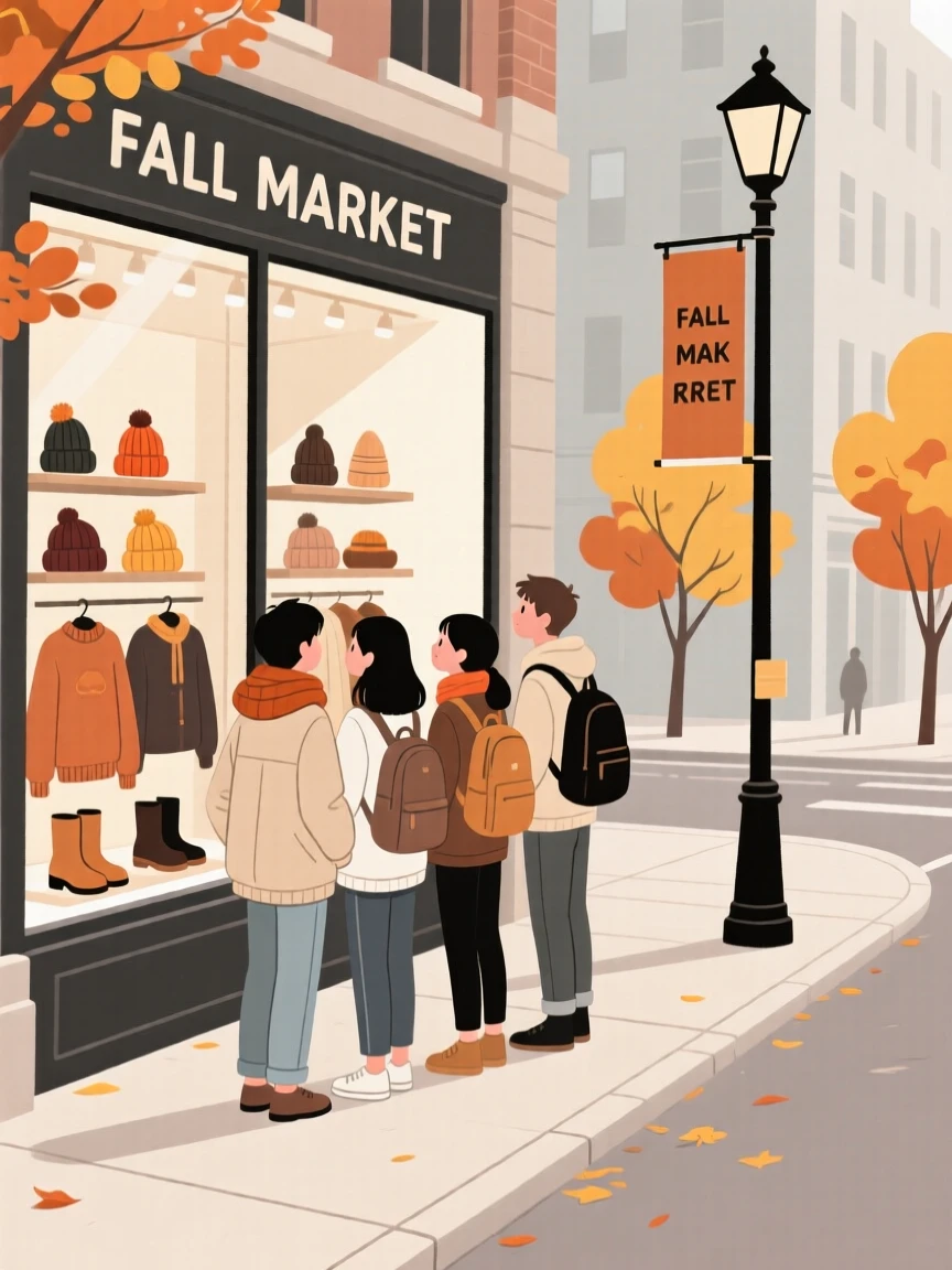 A group of students window shopping on a quiet autumn day in the city.