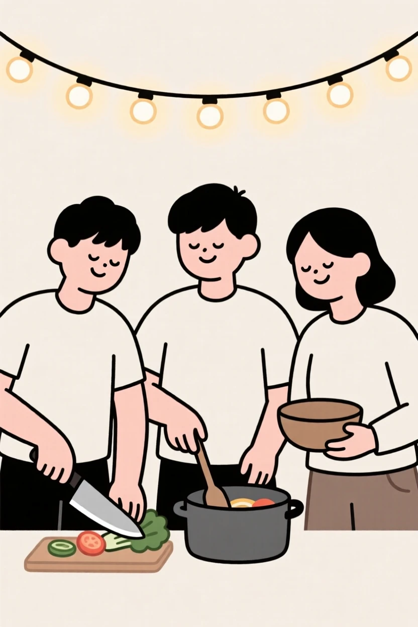 A portrait of a group of friends preparing a meal near warm string lights, filled with hopeful anticipation.