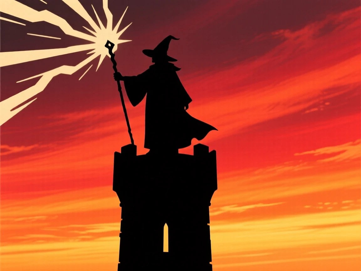 A wizard standing atop a tower, staff raised, a burst of energy radiating outward.