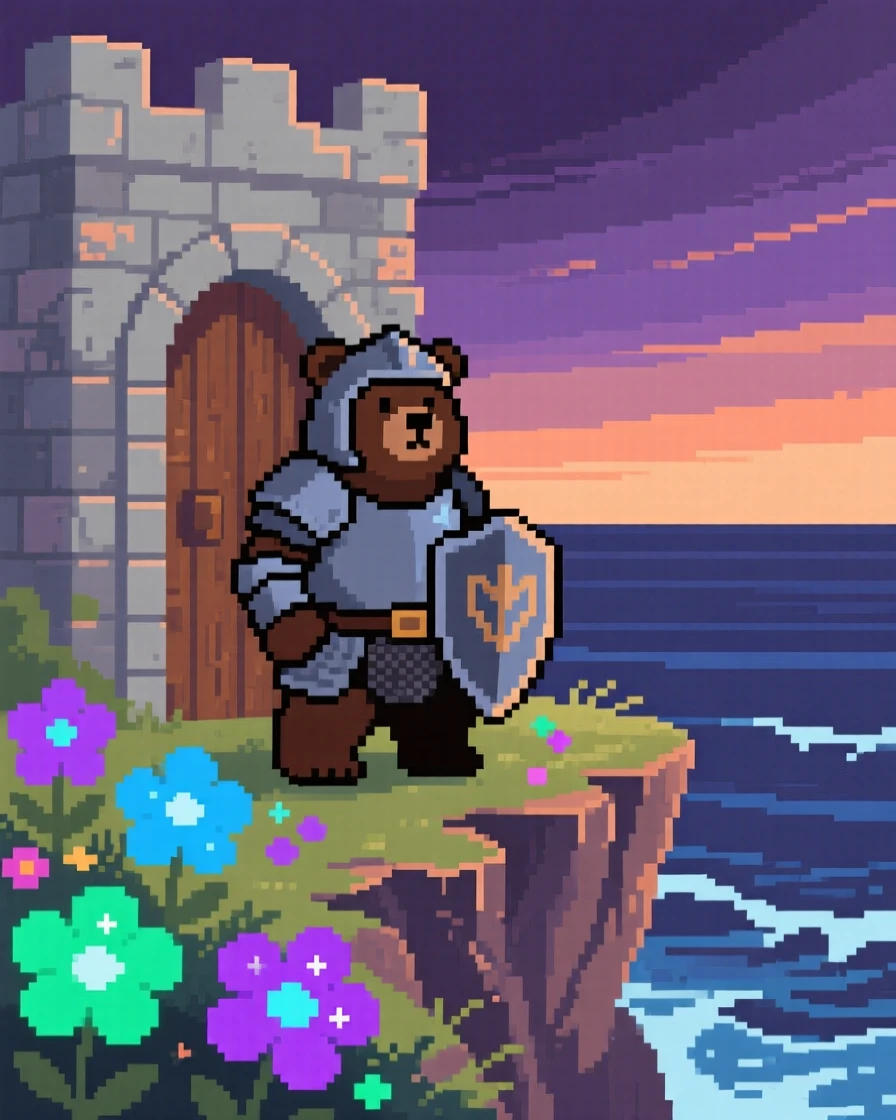 A bear knight guarding a castle gate tending a garden of enchanted flowers, on a windswept cliff overlooking the sea.