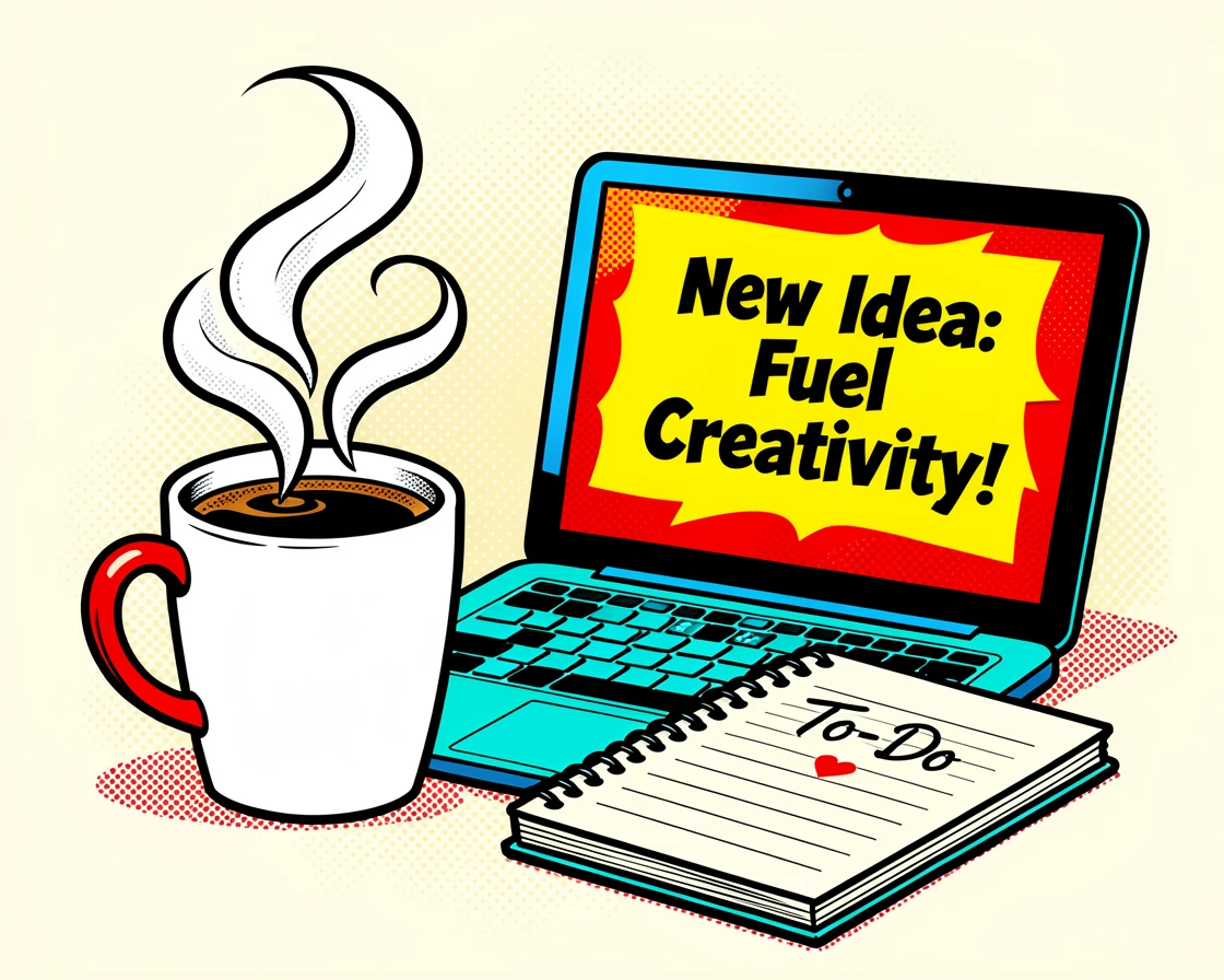 A hot cup of coffee steaming beside an open laptop and notebook