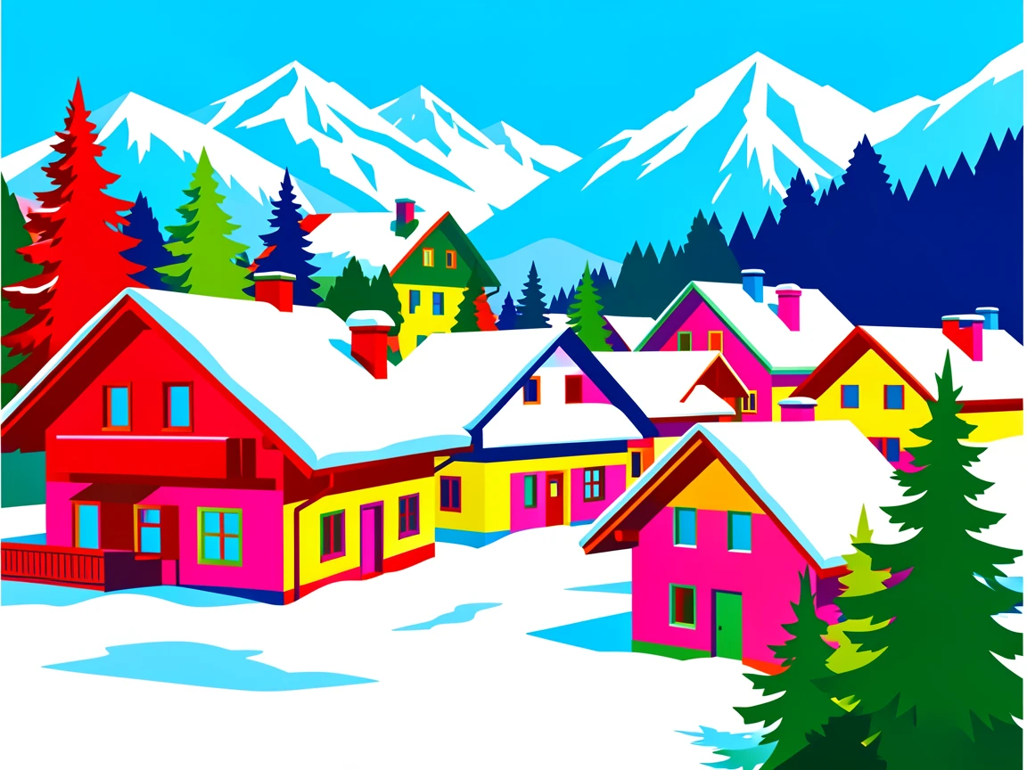 Cozy alpine village dusted in fresh snow