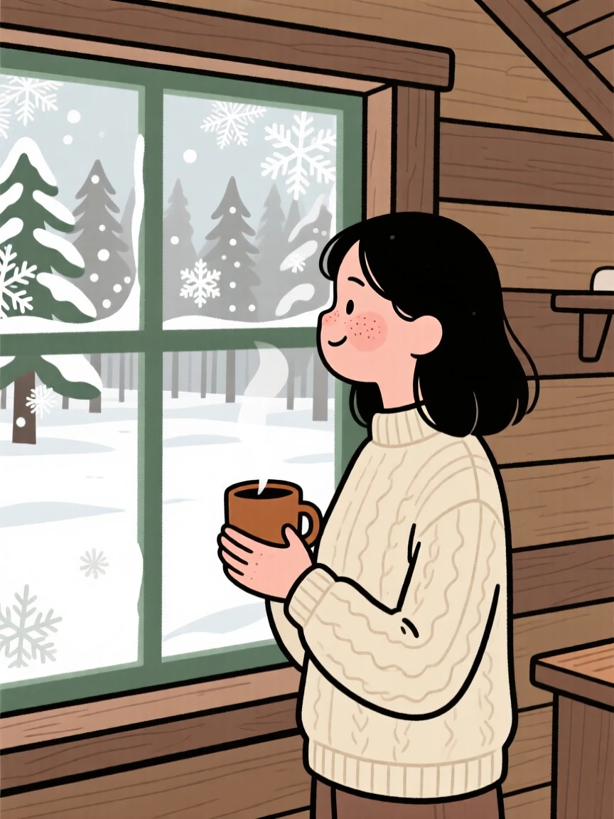 Snow blankets a forest clearing while a young woman watches from a frosted window, a mug of warm tea warming their hands.