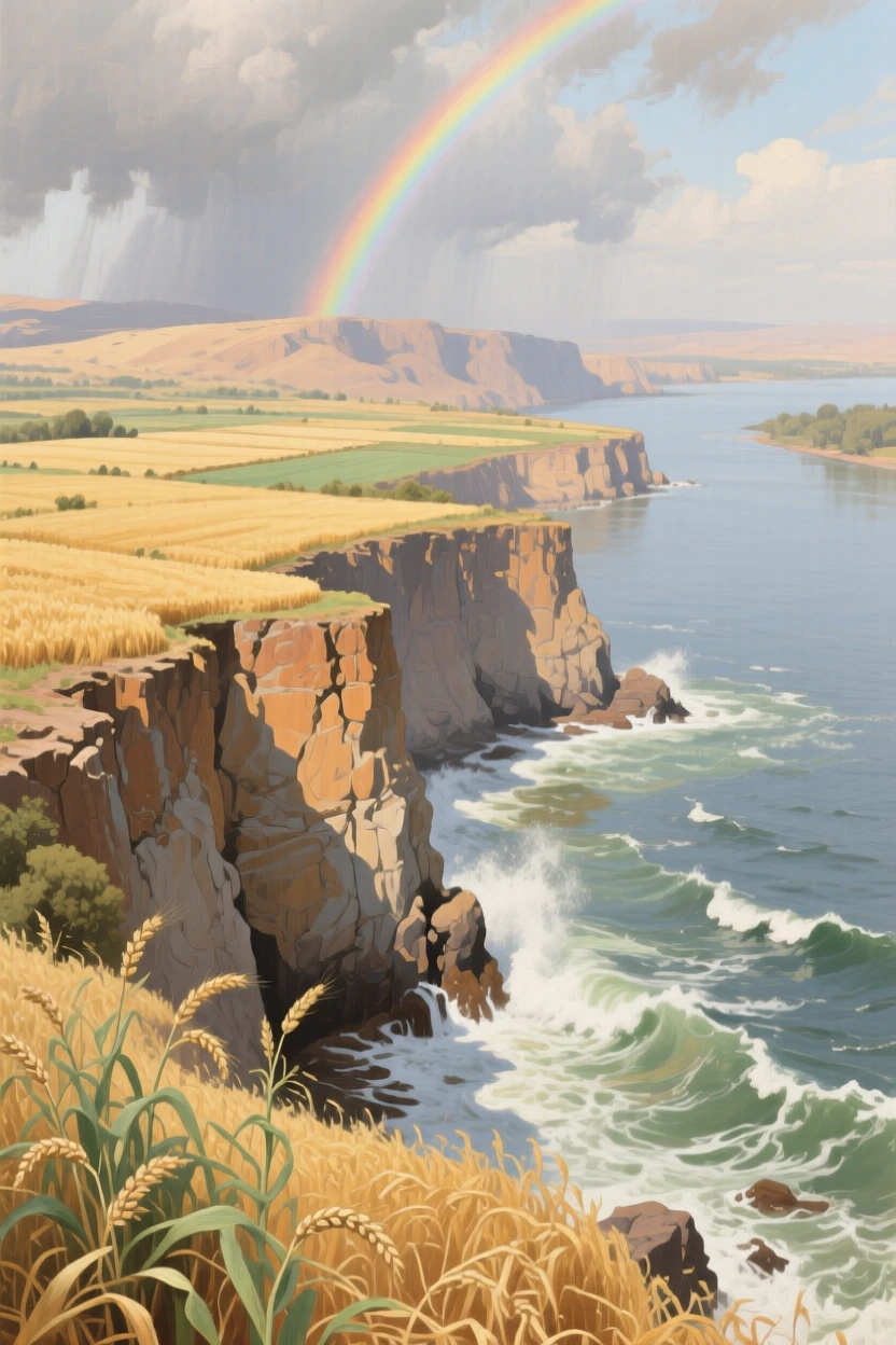 A bird's-eye view of a rugged coastline where waves crash against tall cliffs, along the Nile in Egypt, during the summer harvest, under a rainbow after a storm.