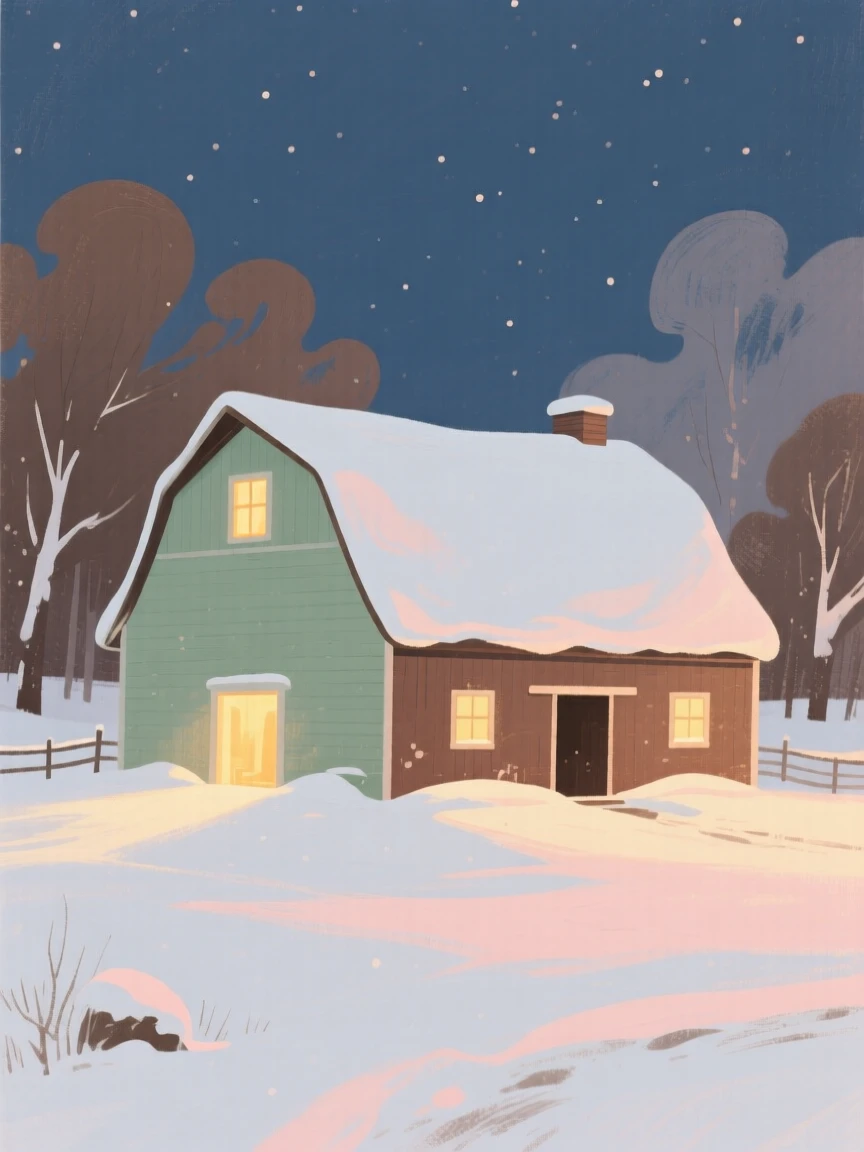 A snow-covered barn glowing warmly under a winter night sky
