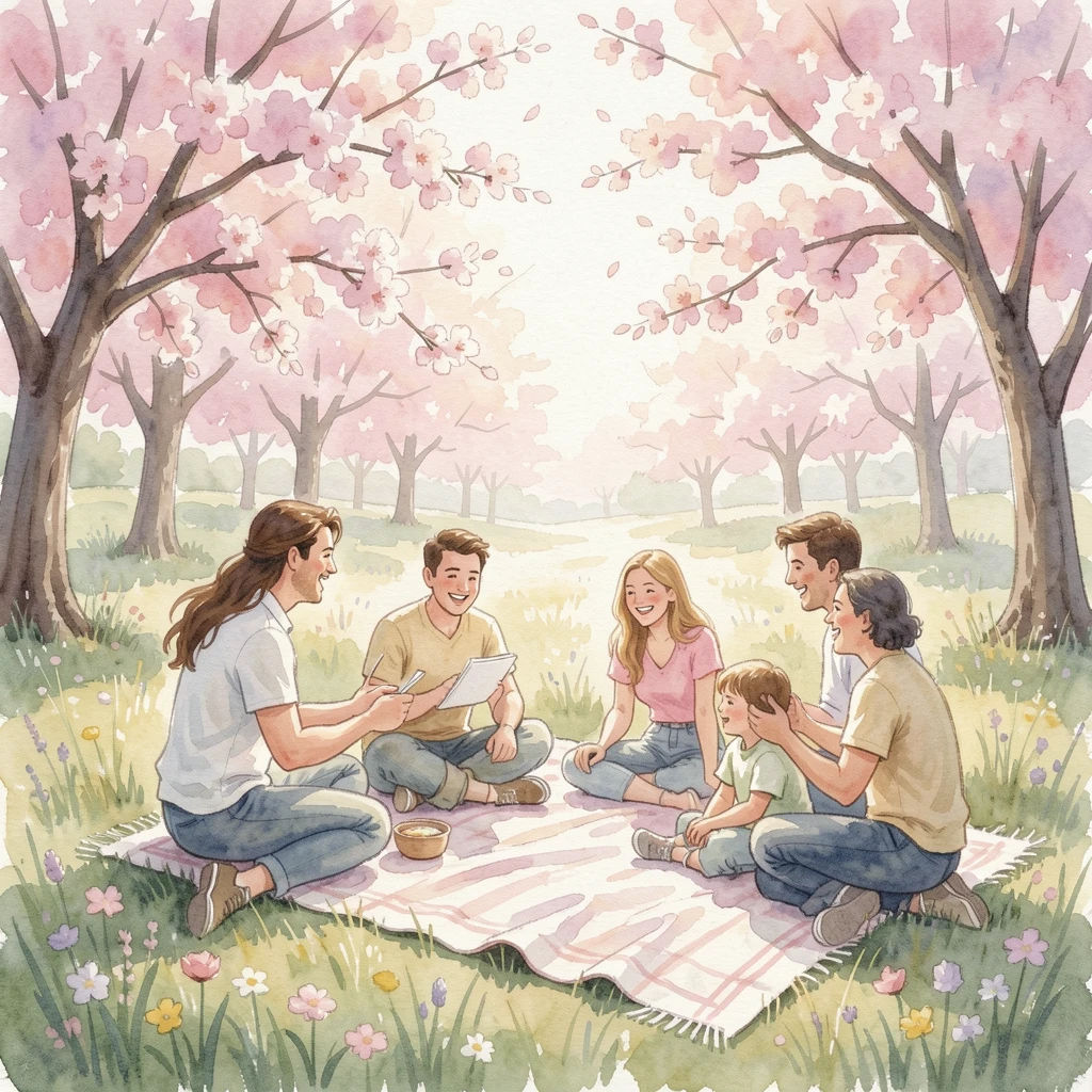 A spring meadow with a picnic blanket and blooming cherry trees surrounded by joyful family and friends.