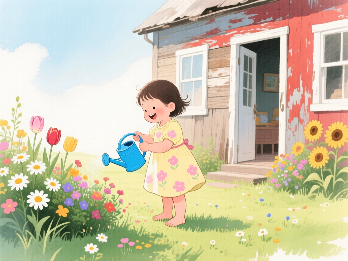 A curious toddler waters flowers with a tiny can beside a rustic farmhouse, laughter and joy filling the warm afternoon air