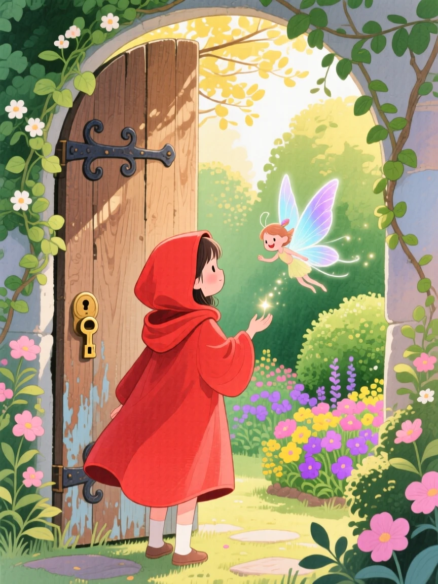 A little girl in a red hooded cloak discovering a secret garden behind an old door for the first time, greeted by a tiny fairy with glowing wings.