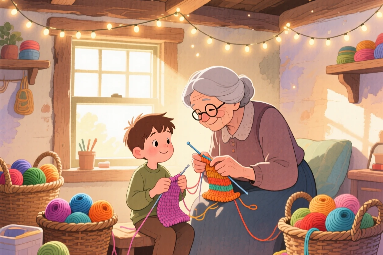 A grandmother teaching her grandson to knit by the window, in a sunlit cottage room with yarn baskets, with twinkling fairy lights strung overhead, the quiet joy of shared tradition.
