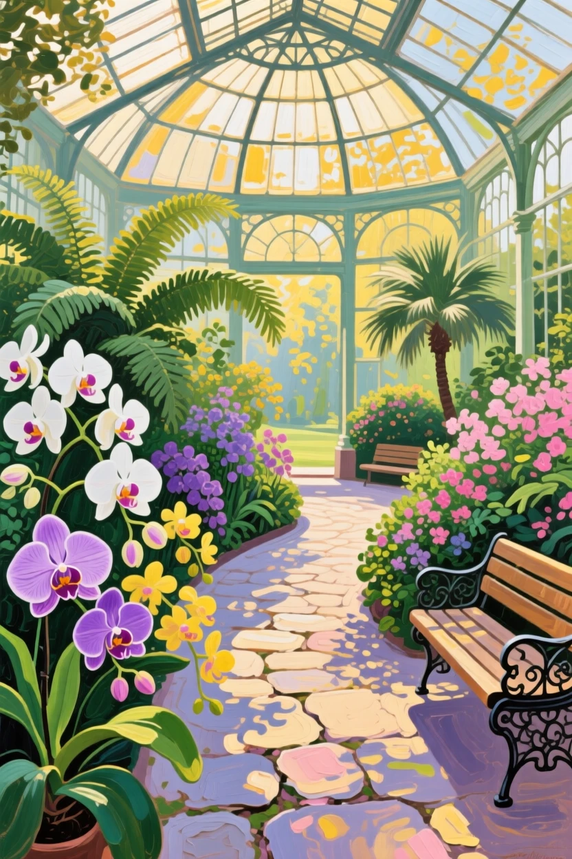 a conservatory path lined with orchids, on a peaceful spring afternoon, with a balanced, spacious view of the surroundings.