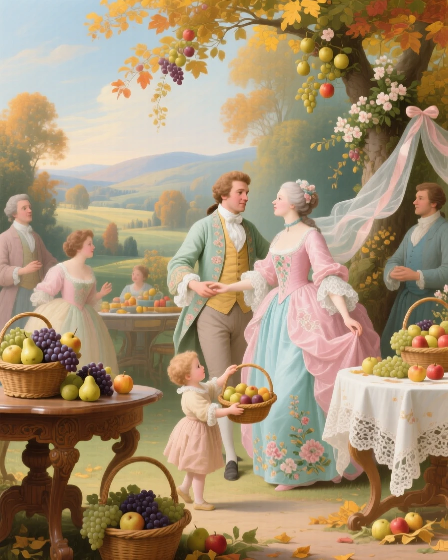 An autumn harvest celebration with baskets of grapes, pears, and apples  