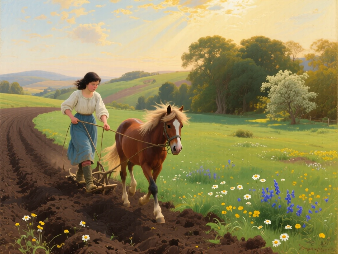 A young girl and her pony plows a field beside a spring pasture full of new grass as the wind streams through their manes.